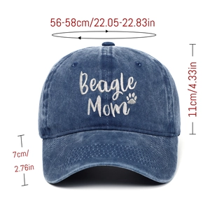 Navy washed denim baseball cap with Beagle Mom embroidery and size specifications