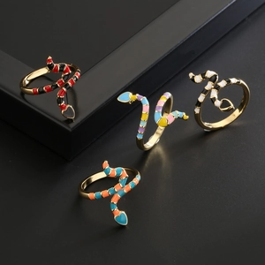 Bohemian style 18K gold plated snake open rings with colorful enamel in four vibrant patterns