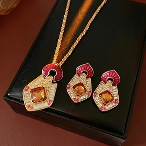 Vintage Rhombus Necklace And Earrings Alloy Enamel Rhinestone Geometric Amber Gemstone Luxury Jewelry For Women