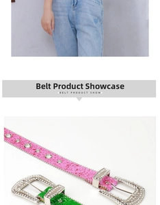 Close-up of sparkling sequin rhinestone belts in pink and green with square buckles