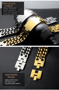 Detail of adjustable H-shaped buckle on a punk style stainless steel cuban chain bracelet