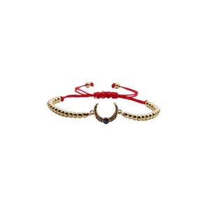 Adjustable evil eye moon bracelet with gold beads and red cord for bohemian style