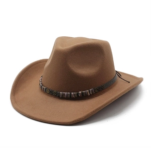 Brown wool felt Western cowboy hat with wide brim and decorative ethnic woven band