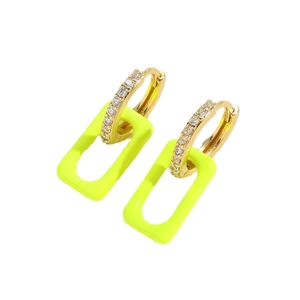 Minimalist gold zircon hoops with neon green rectangular acrylic drop earrings