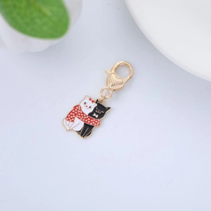Cute black and white hugging cats enamel keychain with heart lobster clasp and red scarf