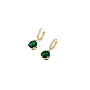 Elegant gold drop earrings with large round green emerald stones and micro-pave zircons
