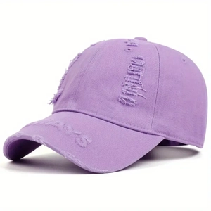 Vintage distressed purple baseball cap with ripped holes and white embroidery detail