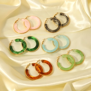 Round Hoop Earrings For Women Stainless Steel Gold Plated With Colorful Resin Marble Texture Acetate Geometric Accessories