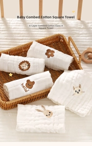 Close-up of 6-layer combed cotton baby handkerchiefs with cute animal embroidery in a basket