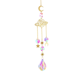 Golden celestial suncatcher with crescent moon, Saturn ring and pink crystal pendants