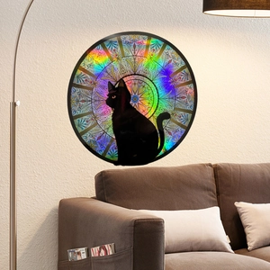 Lenticular holographic black cat wall sticker with colorful mandala gradient pattern