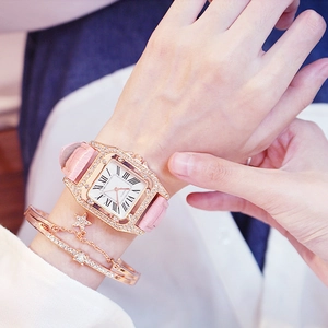 Fashionable women's square watch with pink leather strap and diamond-encrusted gold case