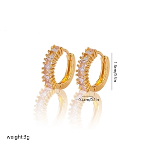 Detailed view of gold hoop earrings with square cubic zirconia and dimension labels