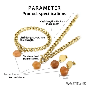 Detail view of gold stainless steel OT buckle jewelry set with natural stone heart charms