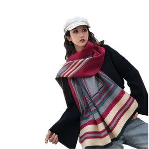 Women's thick color-block shawl scarf with geometric stripes in red and grey