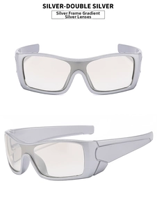 Detailed front and side view of Y2K futuristic silver sports sunglasses with gradient mirror lenses