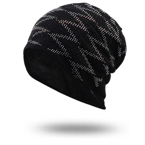 Winter black knit beanie with silver rhinestone wave pattern and warm fleece lining