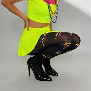 Schwarze Damen-Strumpfhose mit buntem Mardi Gras Buchstaben-Graffiti für Party-Events