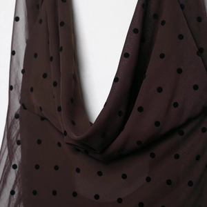 Polka dot backless halter neck dress in dark brown mesh fabric with v-neck details