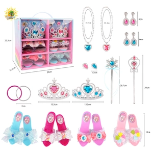 DIY princess dress up set with 4 pairs of shoes and crowns in a rainbow storage box