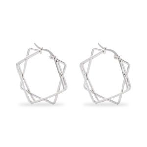 Detailed view of silver hexagonal star earrings with polished metallic finish design