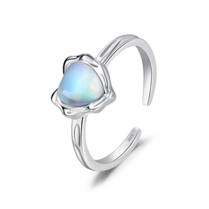 S925 sterling silver open ring featuring an iridescent moonstone with adjustable band