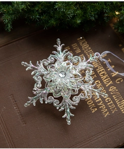 Macro view of crystal acrylic snowflake ornament with iridescent coating and center diamond
