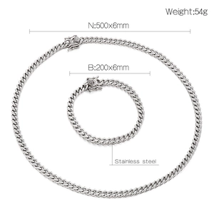 Silver stainless steel Cuban chain necklace and bracelet set with size specifications