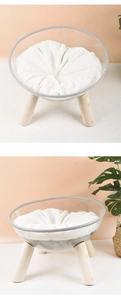 Modern transparent cat capsule bed with solid wood legs and soft plush cushion