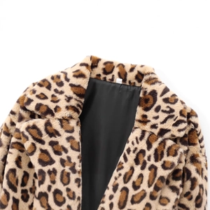 Faux fur leopard print coat with long fiber texture and black inner lining for women