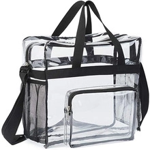 Close-up of clear PVC crossbody bag with black trim, side mesh pocket and sturdy strap