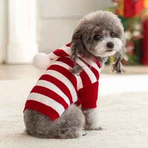 Close-up of red and white striped dog knit hoodie with white pom-pom on the hood
