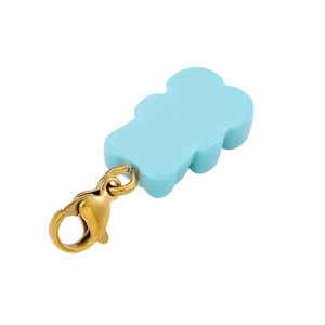 Macro shot of sky blue resin bear pendant featuring a polished gold-plated lobster clasp