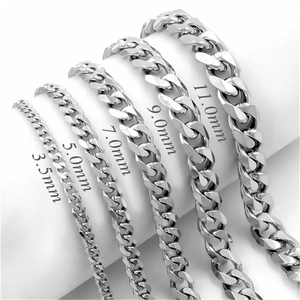 Size comparison of silver Cuban link chains in 3.5mm to 11.0mm widths on grey background