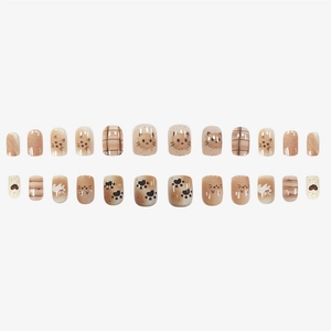 24pcs Cartoon cat and paw print press-on nails in warm beige and brown tones