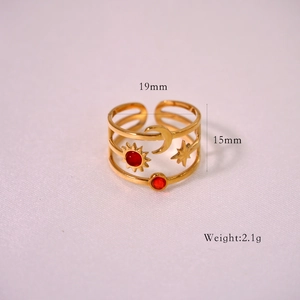 Detail view of gold moon star sun ring with dimensions 19mm inner diameter and 2.1g weight