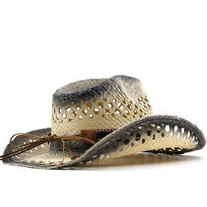 Vintage western cowboy straw hat with gradient color and diamond-shaped hollow design