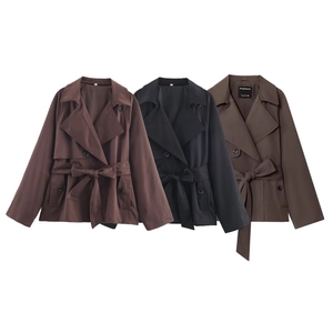 Women's short lapel trench coat with belted waist in brown and black colors