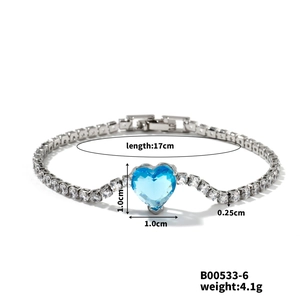 Detailed size specifications of the heart-shaped blue zircon silver tennis bracelet