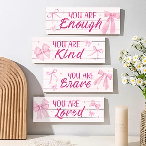 Set of 4 Bohemian pink bow wooden signs with inspirational quotes for girl bedroom decor