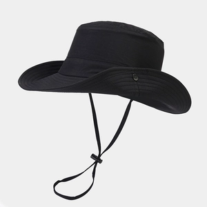 Close-up of black sun hat with wide brim, reinforced stitching and adjustable chin strap