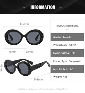 Detailed size guide chart showing dimensions for large round PC frame sunglasses