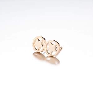 Detailed close-up of gold-colored stud earrings featuring a star inside a circle design
