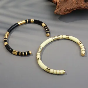 Vintage Luxury Copper Enamel Open Cuff Bracelet For Women 18K Gold Plated Bamboo Joint Color Block Fashion Jewelry Gift