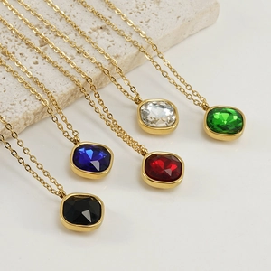 18K gold plated geometric stainless steel necklace set with colorful zircon pendants