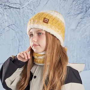 Kids winter warm knit hat and scarf set in yellow and white stripes for outdoor protection