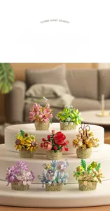 Detailed view of eight miniature building block flower baskets on a white tiered display