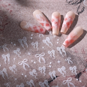 5D embossed white bow nail stickers with pink plaid French style nail art manicure set