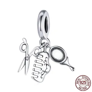 925 Sterling Silver Charm Pendant Hairdresser Scissor Comb Mirror Jewelry Component For DIY Bracelets Hair Stylist Theme