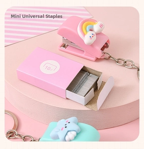 Mini cartoon stapler set featuring rainbow and cloud silicone charms with keychains